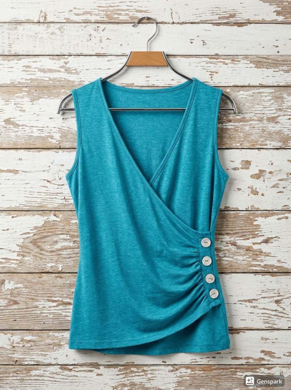 Salanta Teal Sleeveless Faux Wrap Button Side Top Size M US 6